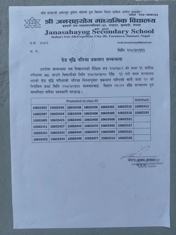 Class 11 Upgrading Exam Result Notice
